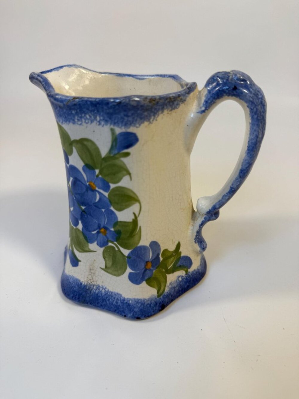 Pitcher Cash Family Pottery Vintage Blue White Milk Jug Creamer Hand Painted Flo - Picture 7 of 10